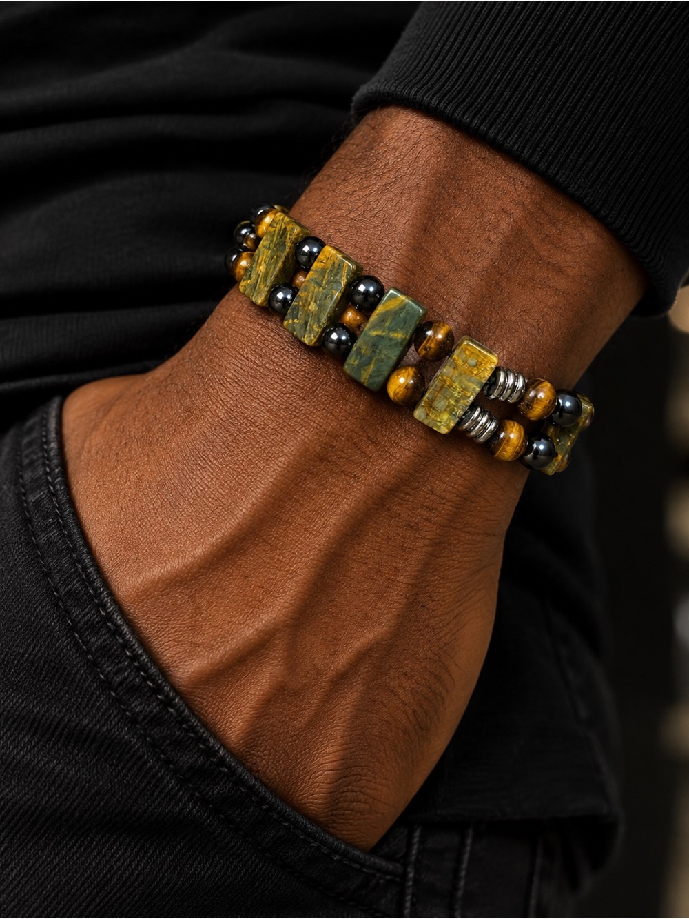 Men's Black, Green, Gunmetal & Brown Stone Bead Bracelet - Stylish Double Strand